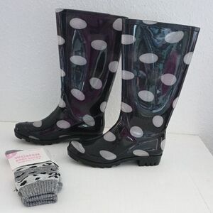 Arizona Jean Co Size 7 Black & White Polka Dot Winter Rain Boots + Boot Socks